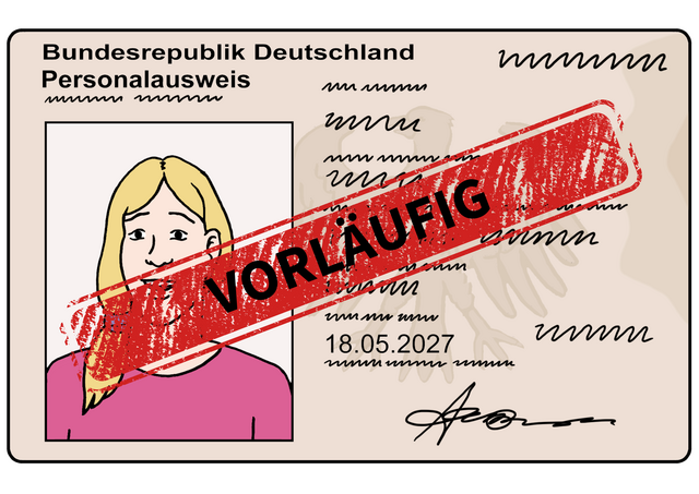 Eine Grafik, die ein amtliches Ausweisdokument mit dem Lichtbild einer Frau zeigt. Darüber liegt schräg ein rotes Feld mit dem Schritzug "VORLÄUFIG".