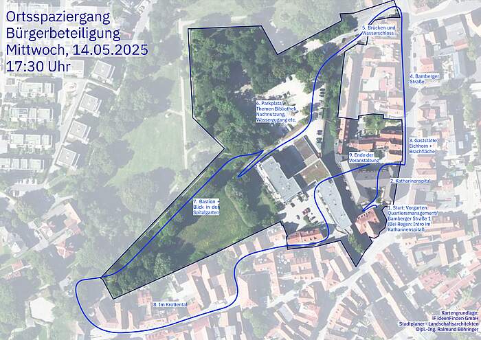 Plan eines Stadtviertels und der Region in der ein Stadtspaziergang stattfinden soll. Der Weg mit Stationen ist markiert.