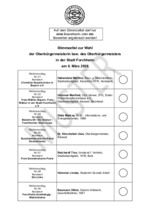 Ein Musterstimmzettel mit allen Kandidaten und Kandidatinnen für die Wahl zum/zur Oberbürgermeister/in in Forchheim 2026