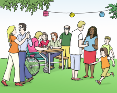 Eine Gruppe von erwachsenen und Kindern feiert in einem Garten ein Fest. Zwischen den Bäumen sind bunte Lampen aufgehängt. Links im Bild tanzt ein Pärchen. In der Mitte sitzen Personen und ein Rollstuhlfahrer an einem Tisch. Rechts rennt ein Kind über die Wiese.
