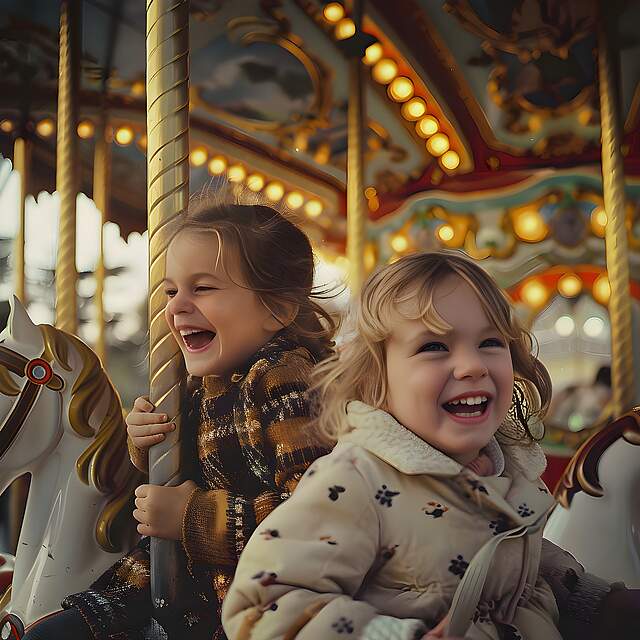 Zwei Mädchen auf einem historischen Karusell