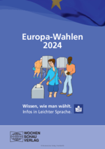 Die Titelseite der Infobroschüre zur Europawahl 2024 mit der grafischen Darstellung von Wählerinnen und Wählern an einer Wahlurne. Der Hintergrund ist in Blautönen gehalten.