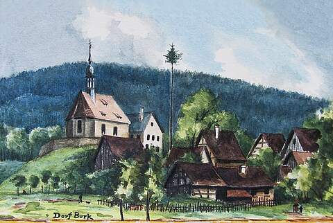 Ortsansicht von Burk Ein Gemälde mit einer Dorfansicht von Burk mit erhöhter Kirche umgeben von Wohnhäusern und Scheunen um 1880.