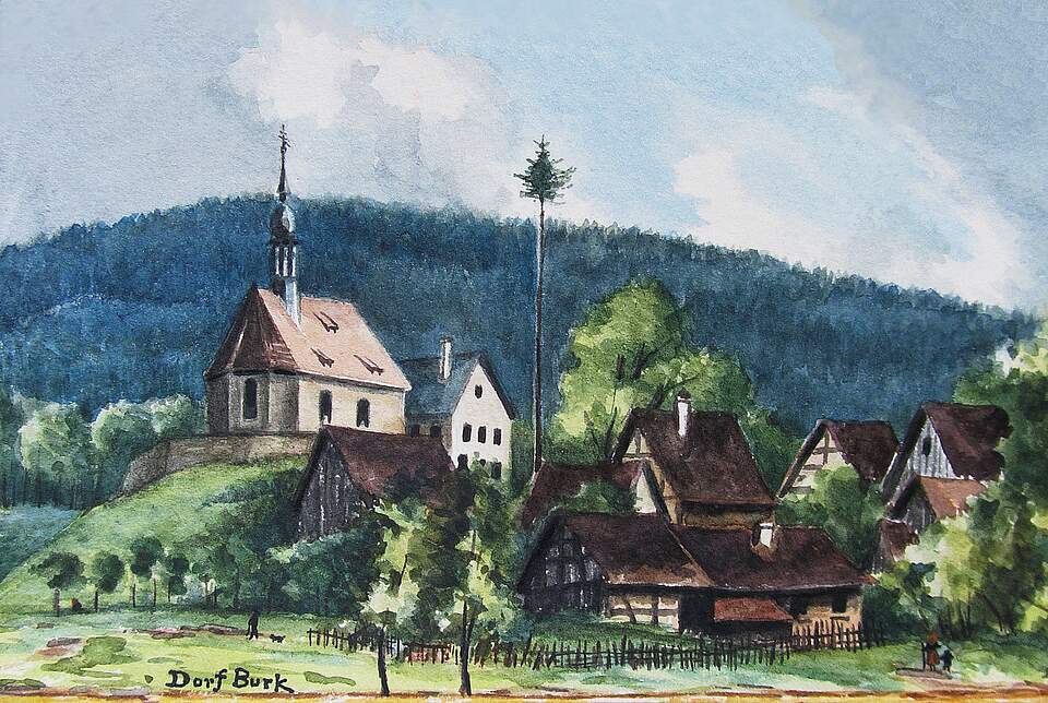 Ein Gemälde mit einer Dorfansicht von Burk mit erhöhter Kirche umgeben von Wohnhäusern und Scheunen um 1880.