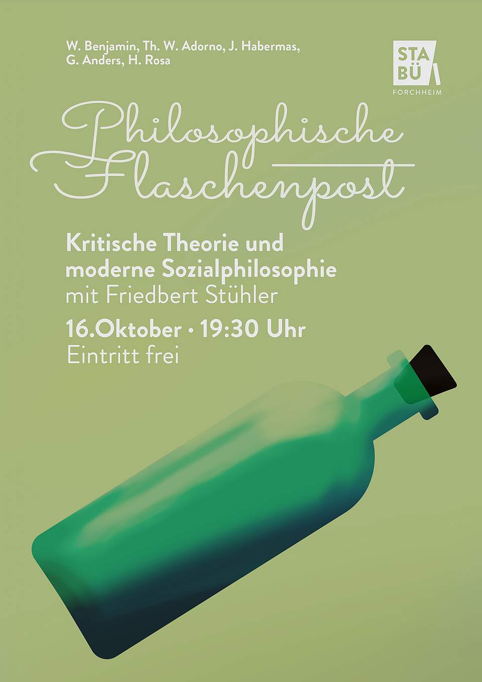 Philosophische Flaschenpost Flaschenpost auf grünem Untergrund