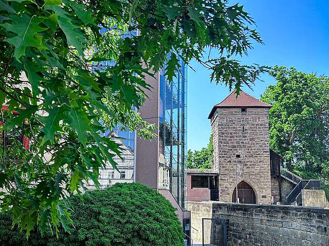 Ein mittelalterlicher Turm an einem Pfalzgraben neben einem modernen verglasten Aufzug. Große Bäume umgeben die Anlage.