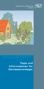 Das Titelblatt der Broschüre Tipps und Informationen für Gewässeranlieger ziegt graphisch ein Haus mit Garten an einem Gewässer.