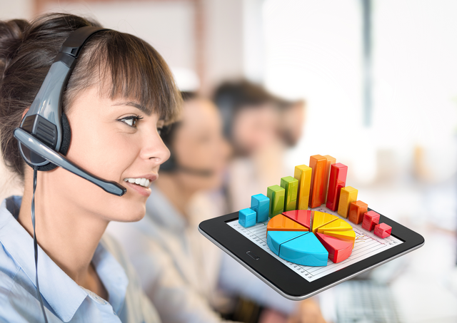 Vier Personen in einem Callcenter mit Headsets beim Telefonieren. Rechts im Bild ein Tablet mit 3D-Darstellungen von statistischen Kreisdriagram und Säulendiagrammen.
