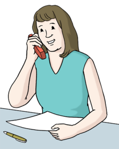 Eine Frau sitzt mit einem Formular am Tisch. Sie telefoniert.