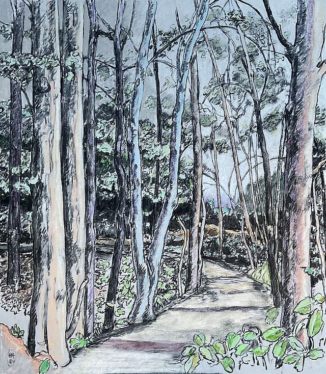 Eine Zeichnung zeigt einen Wald durch den sich ein Weg windet.