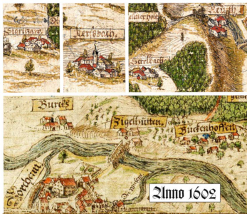 Eine Collage aus vier verschiedenen historischen Ortsansichten mit Häusern und Siedlungen.