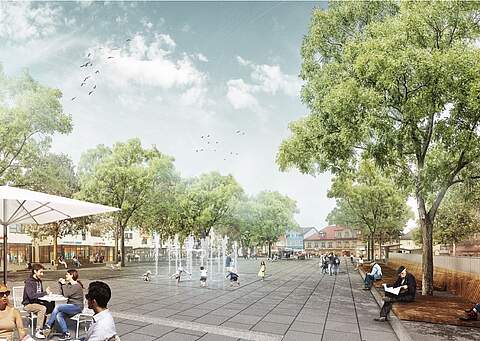 Vision des neuen Paradeplatzes in Forchheim Vision des neu gestalteten Paradeplatzes mit Wasserspiel, Sitzmöglichkeiten und großen Bäumen. Vorne links im Bild sieht man Menschen im Außenbereich einer Gastronomie sitzen.