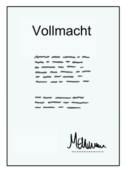 Die Grafik zeigt ein Formular mit der Überschrift "Vollmacht" und einem darunterliegenden Text mit einer Unterschrift