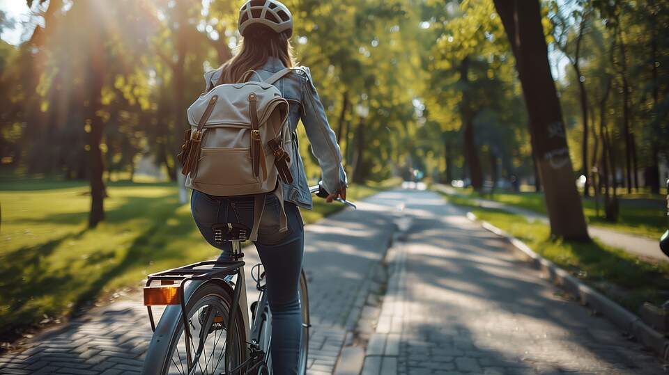 Radfahrerin unterwegs im Park Rückansicht einer Radfahrerin mit Helm und einem Rucksack, die durch einem Park fährt.