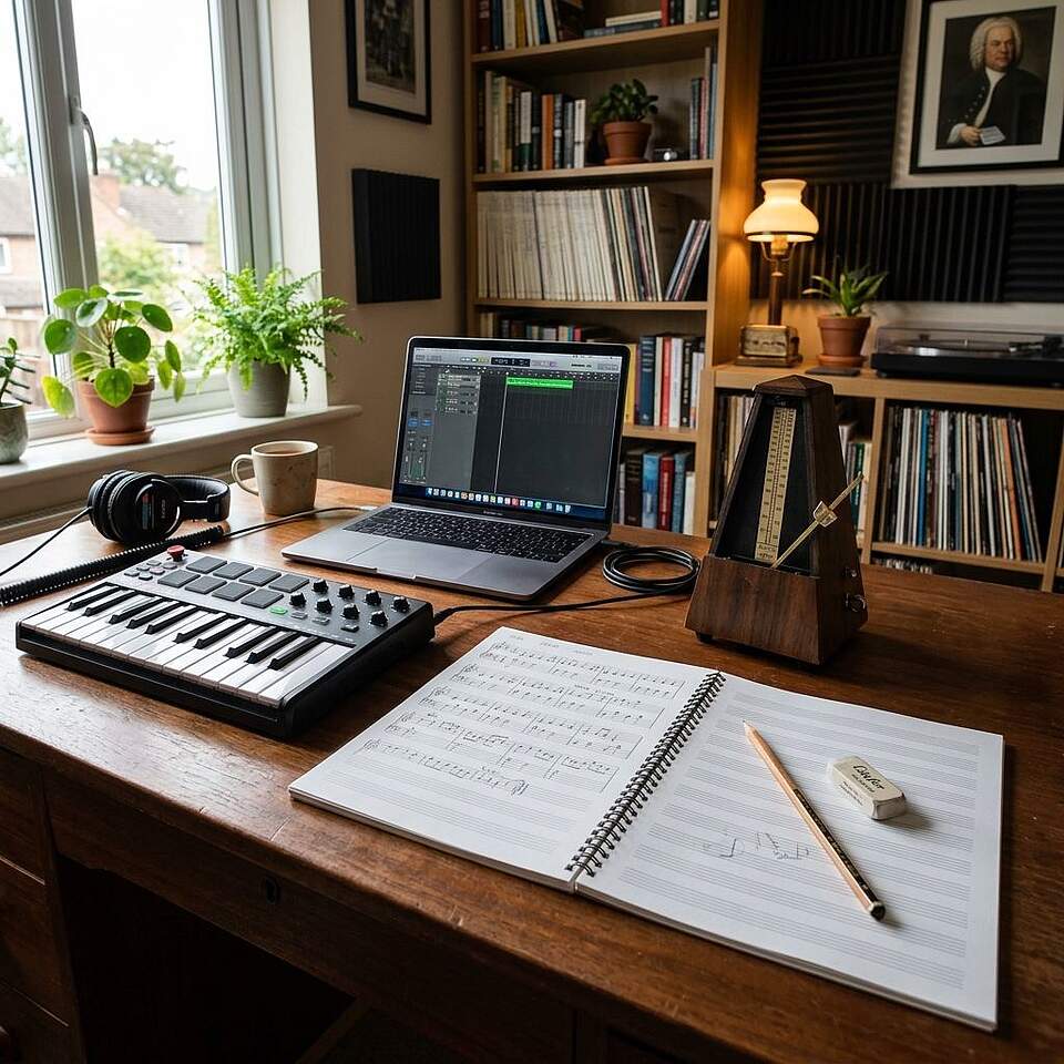 Arbeitszimmer mit Laptop und Komponierwerkzeugen