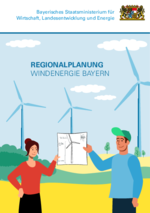 Ein Titelbild einer Broschüre zeigt zwei Personen, die gemeinsam ein Dokument halten vor einem Windpark.yern