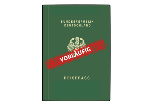 Vorläufiger Reisepass der Bundesrepublik Deutschland. Darauf befindet sich ein Hinweisfeld mit dem Schriftzug "vorläufig"