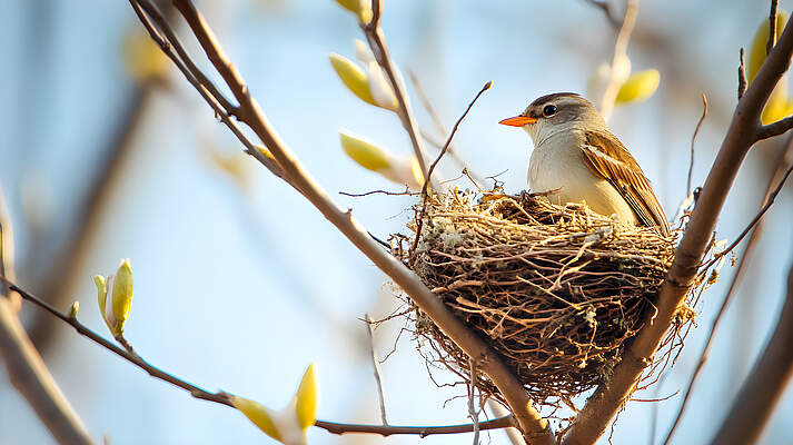Artenschutz beim Bauen Ein Vogel, der an einem ruhigen Frühlingsmorgen in den Ästen eines Baumes ein Nest baut.