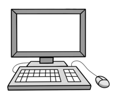 Man sieht einen Bildschirm mit einer Tastatur im Vordergrund. Rechts daneben befindet sich eine PC-Maus.