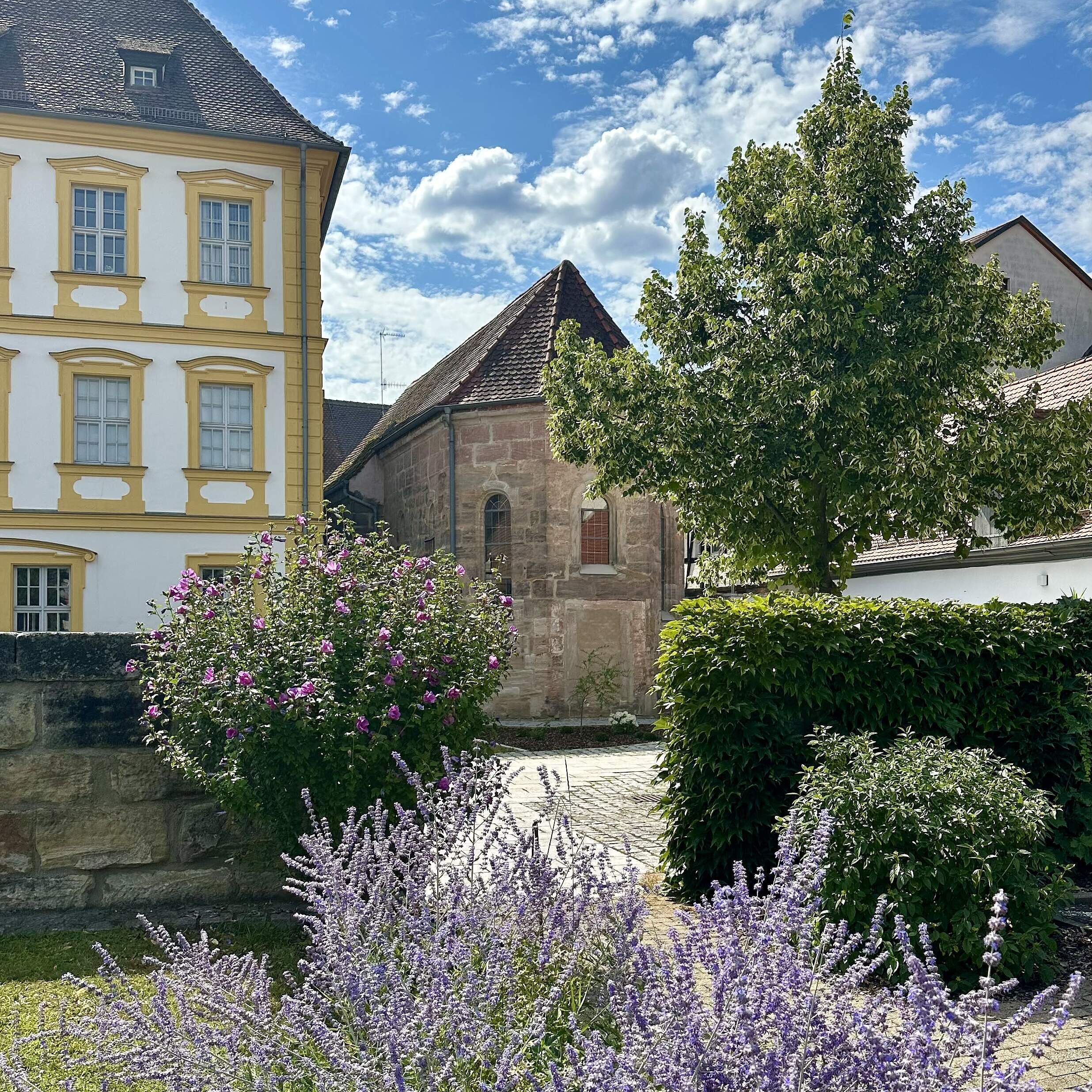 Der hintere Außenbereich der Kapelle St. Gereon mit der Sandsteinfassade, links einem großen Barockbau, grünen Hecken und einem großen Baum im Innenhof. Im Vordergrund blühen lilafarbene Sommerblumen.