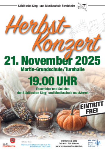 Plakat für das Herbst-Konzert der Musikschule Forchheim mit Kürbissen und Herbstdeko.