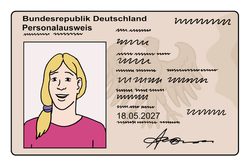 Ausweis Eine Grafik, die ein amtliches Ausweisdokument mit dem Lichtbild einer Frau zeigt.
