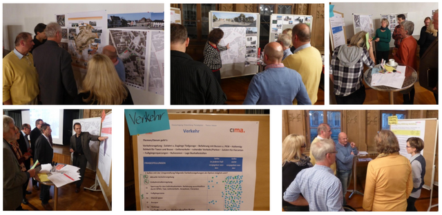 Fotocollage mit Impressionen von Teilnehmenden an einem Workshop zu einem Stadtplanungsthema.