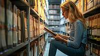 Studentin liest ein Buch zwischen Archivregalen