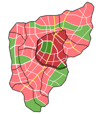 Eine Stadt-Grafik. Ein Stadt-Teil ist farbig besonders markiert. 