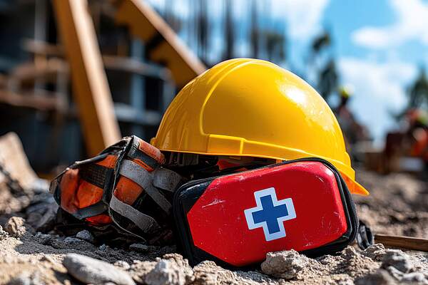 Gesetziche Unfallversicherung für privat Helfende Ein Baustellenhelm liegt mit einem Erste-Hilfe-Set am Boden. Im Hintergrund der Bildausschnitt eines Rohbaus
