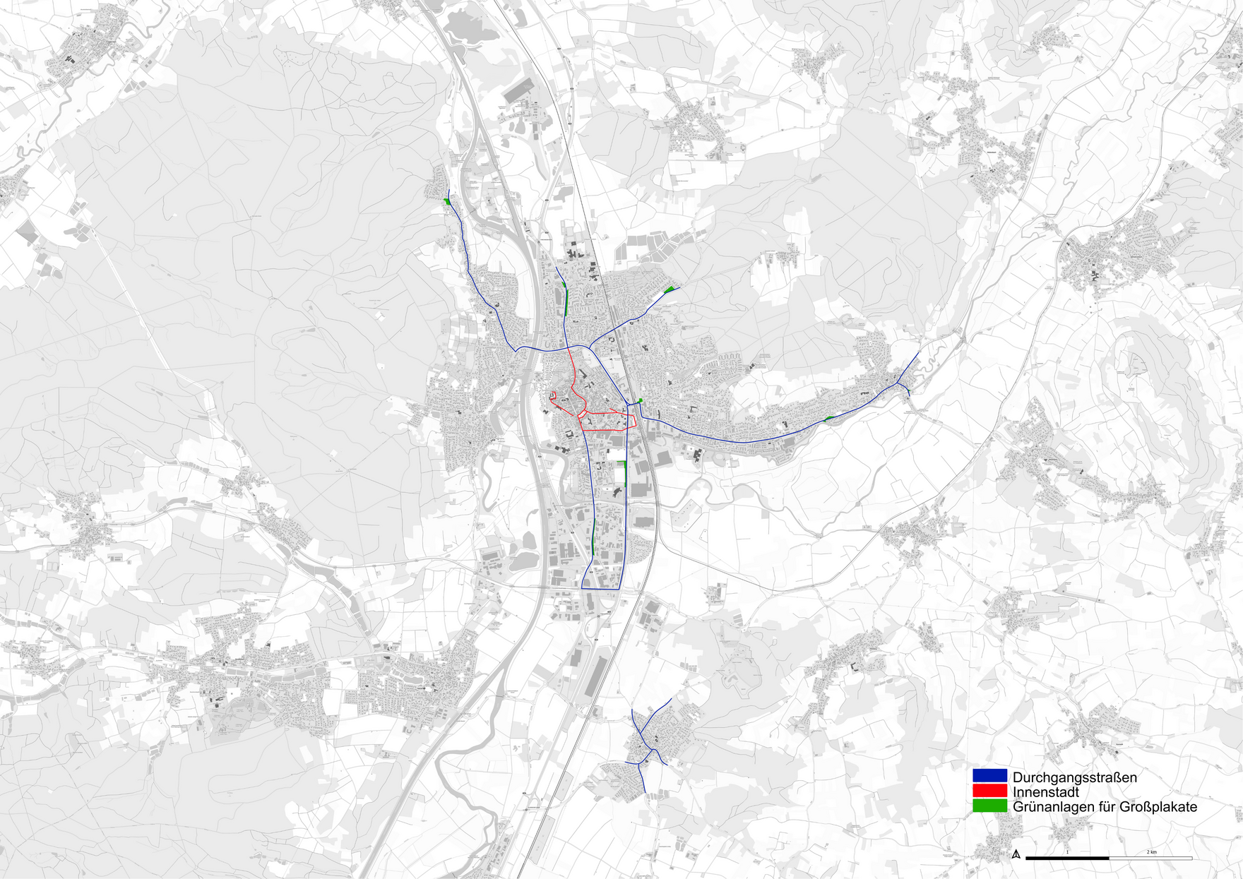 Eine Ortskarte mit Markierung der Grünflächen für Wahlplakate