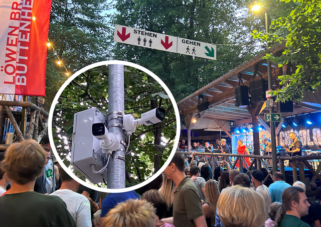 Foto-Collage eines Volksfestes mit Musikbühne und vielen Gästen im Forchheimer Kellerwald. Links im Foto ein rundes Bild mit Sensoren zur Besuchermengenerfassung im Rahmen eines Sicherheitskonzepts.