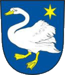 Stadtwappen Braunau Das Stadtwappen der Partnerstadt Braunau mit einem weißen Schwan auf blauem Hintergrund. Oben rechts befindet sich ein gelber Stern.