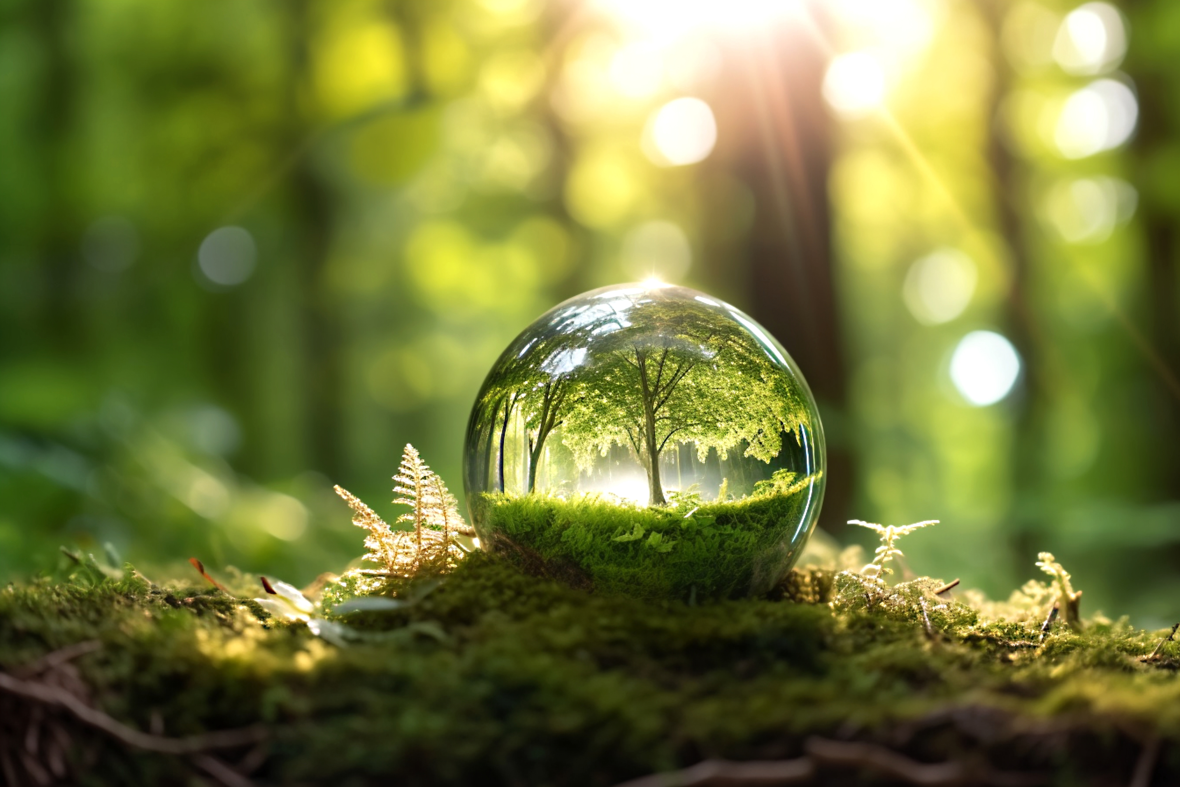 Grüne Glaskugel mit einem Baum im Wald mit Sonnenlicht
