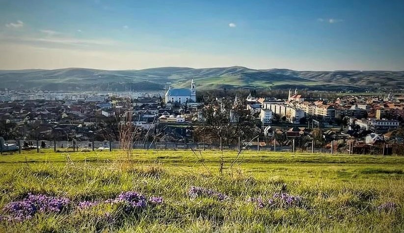 Eine Stadt liegt vor einer hügeligen Landschaft. Im Vordergrund befindet sich eine große Wiese. 