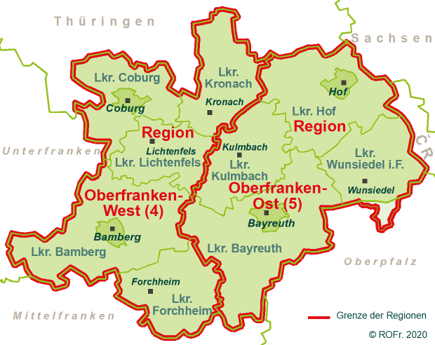 Ein Kartenausschnitt mit den markierten Gebieten Oberfranken-West und Oberfranken-Ost